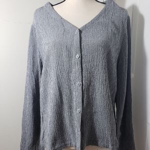 Eileen Fisher v neck button up black and gray top